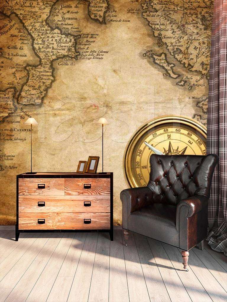 Фотообои в интерьере карта с компасом на английском языке  9-429 фото