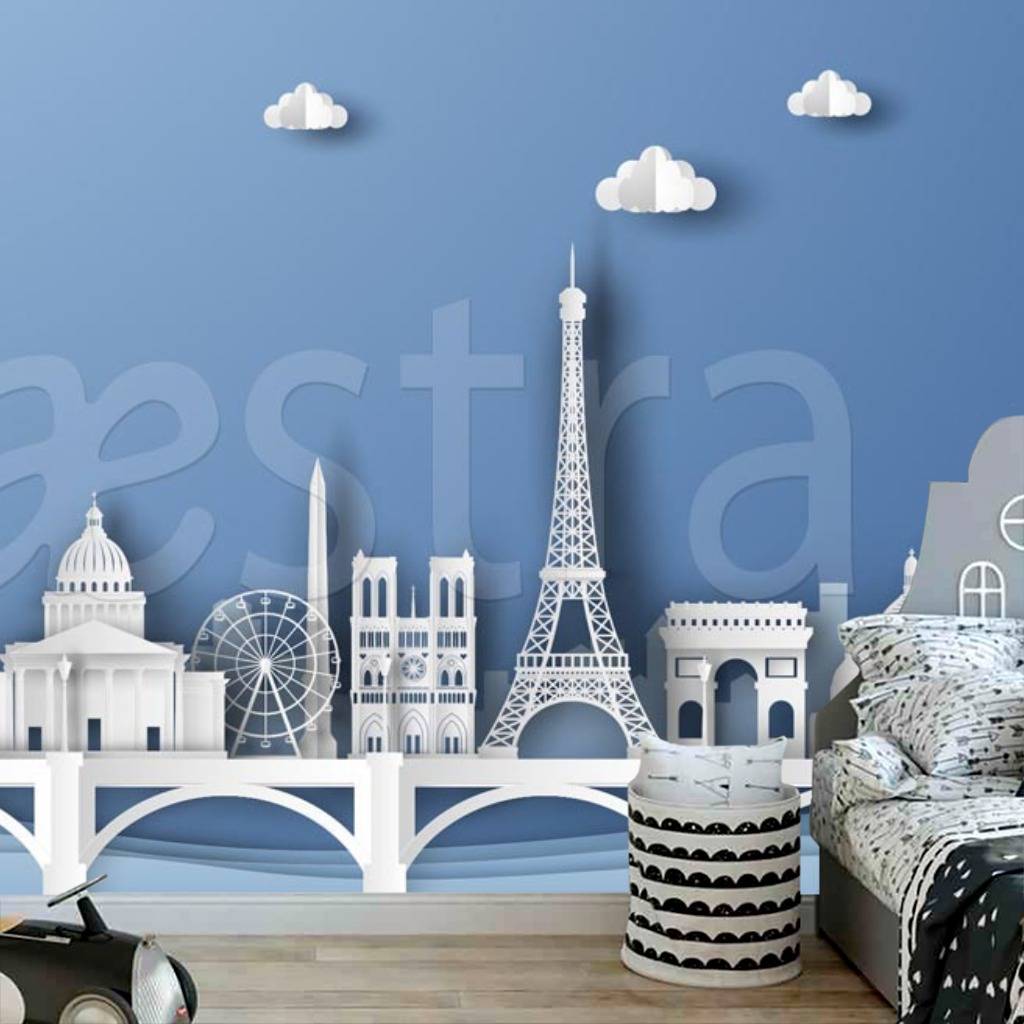 Фотообои Париж на мосту на синем фоне  12-375