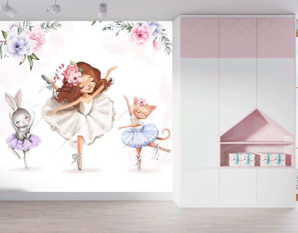 Фотообои в интерьере балерина и лисичка с зайчиком  14-649 фото
