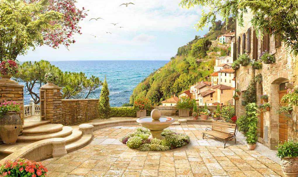 Фотообои в интерьере терраса с фонтаном у моря  17-0115 фото