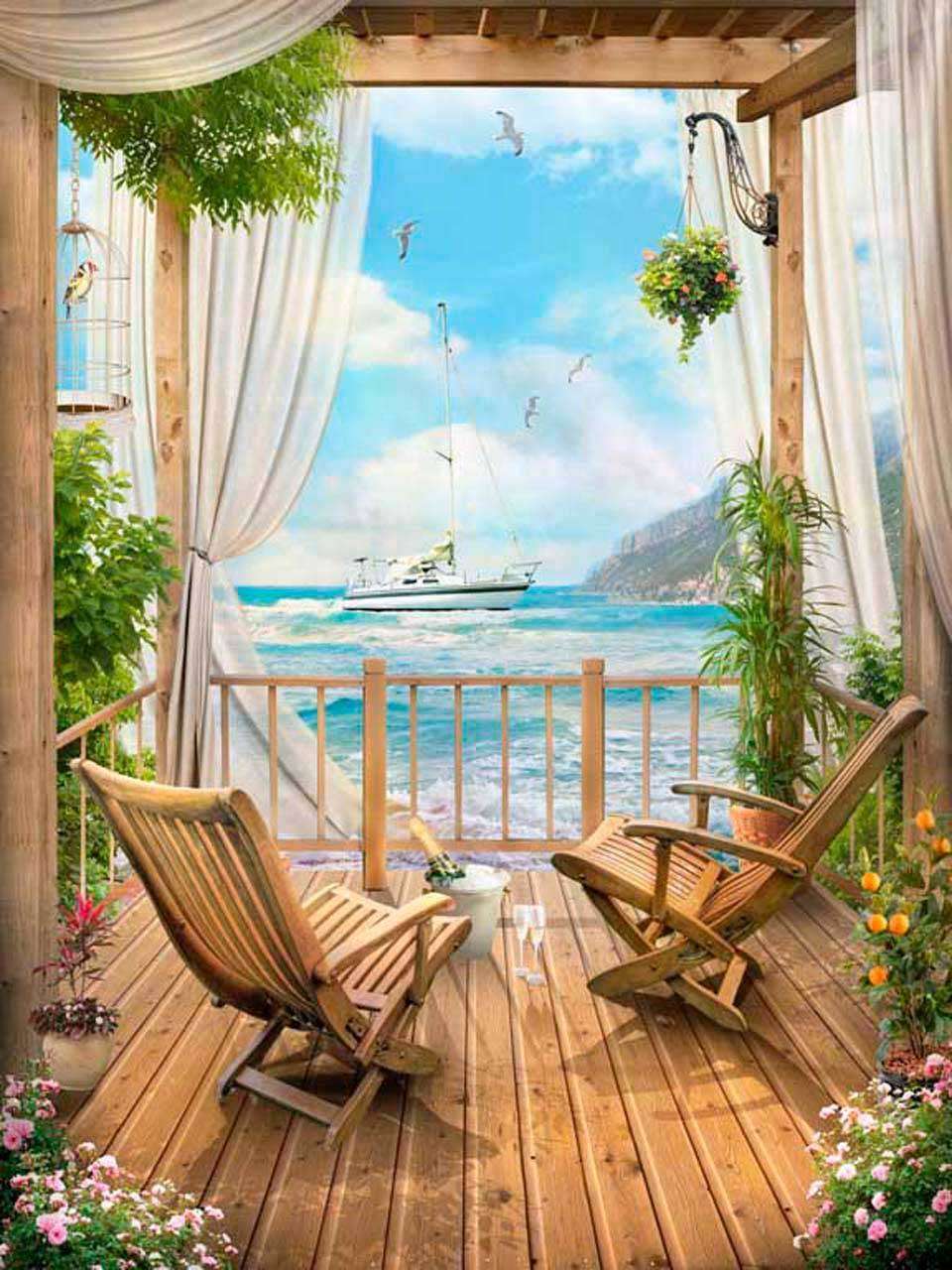 Фотообои в интерьере вид на красивое море из беседки  11-108 фото