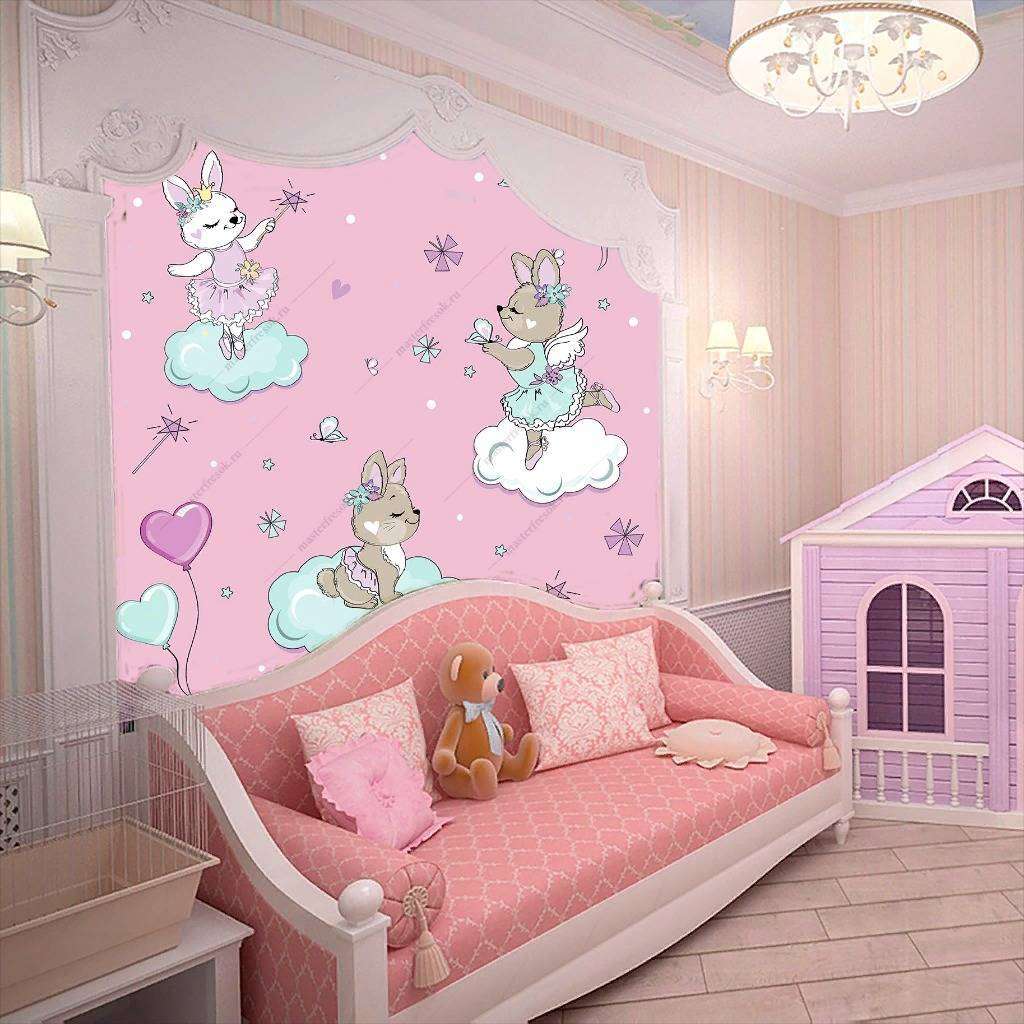 Фотообои в интерьере зверята на облаках на розовом фоне  12-419 фото