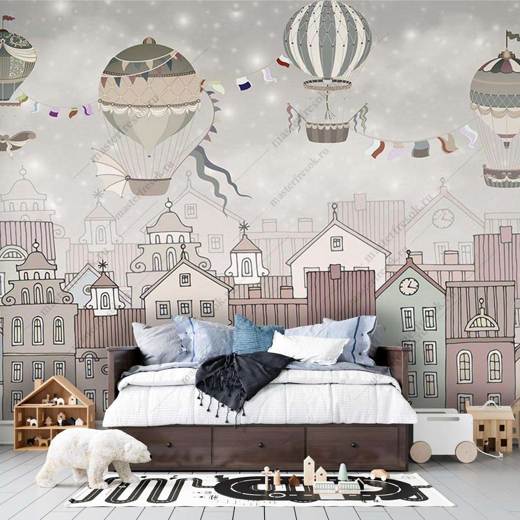 Фотообои Бесшовные обои на стену:  Воздушные шары над городом. Артикул: 14-339  