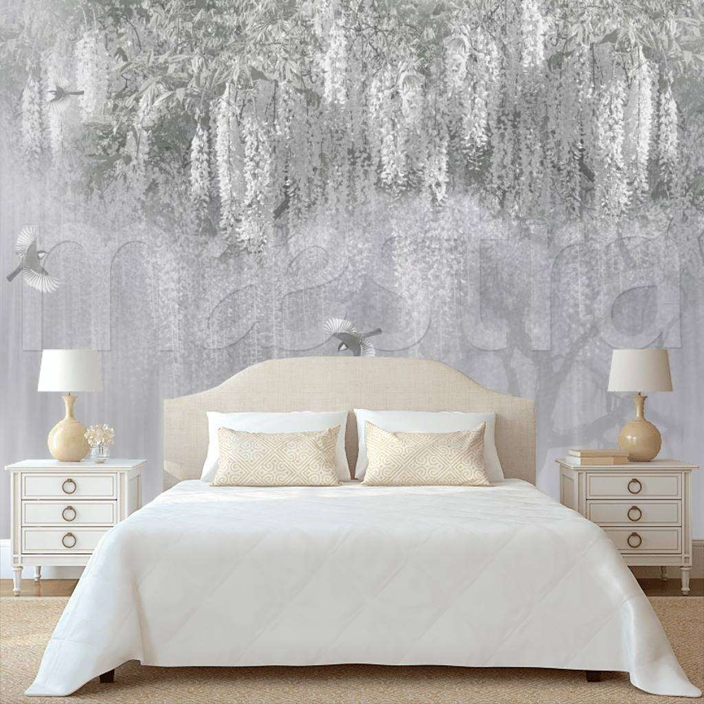 Фотообои в интерьере серое цветущее дерево  7-908 фото