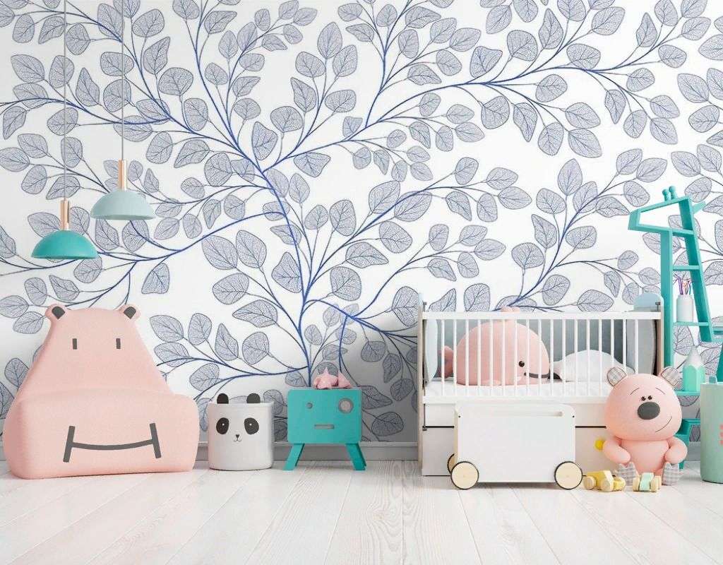 Фотообои в интерьере в спальню листочки голубые на белом фоне  9-1983 фото