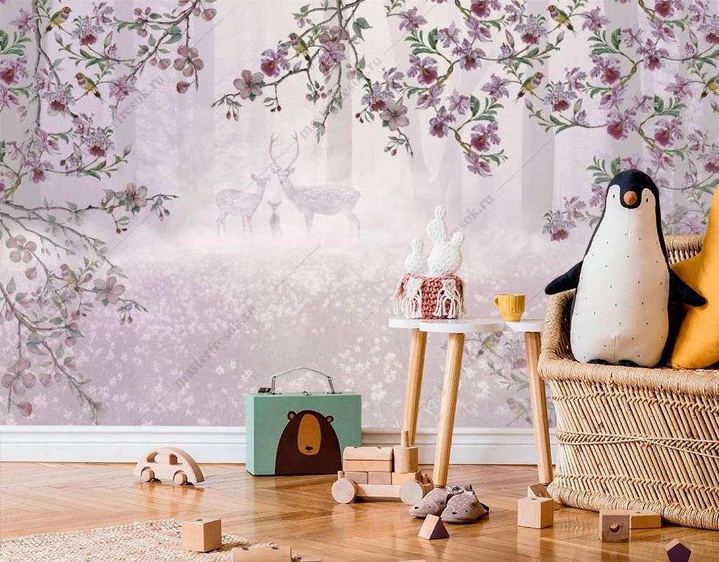 Фотообои в интерьере лес с цветущей сакурой  12-1465 фото