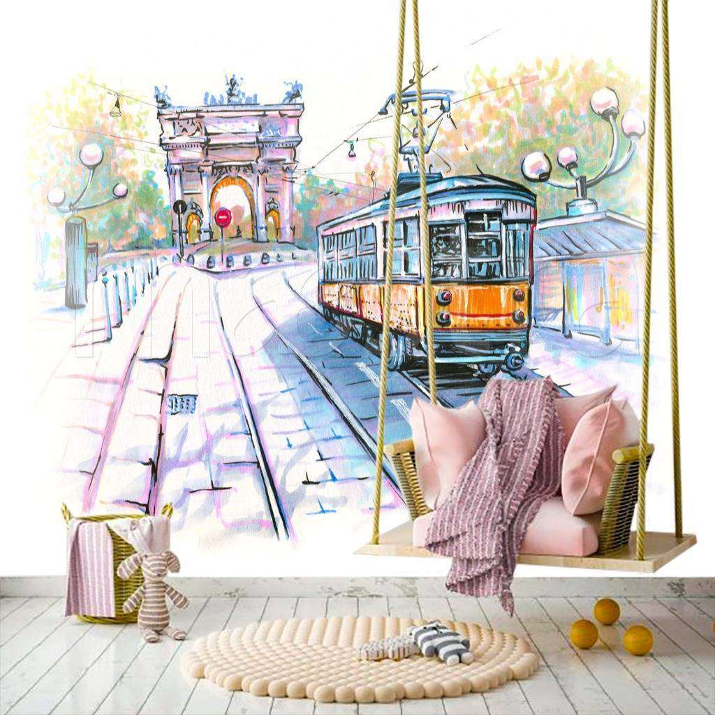 Фотообои в интерьере трамвай графика  12-497 фото