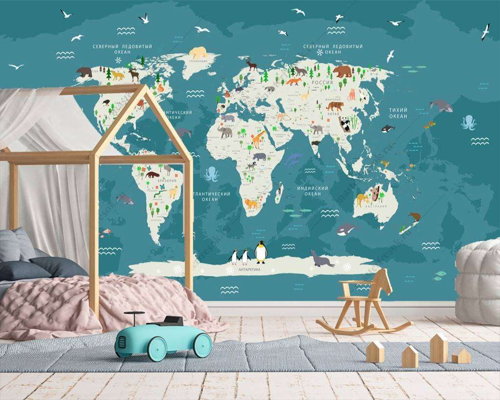 Фотообои в интерьере карта на русском на синем фоне  12-965 фото
