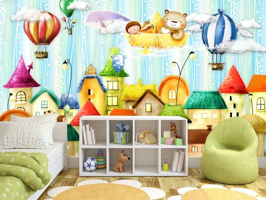 Фотообои в интерьере воздушные шары над домиками  15-310 фото