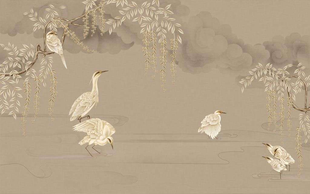 Фотообои в интерьере золотые журавли  9-1691 фото