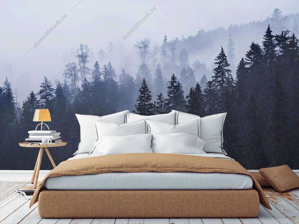 Фотообои в интерьере еловый лес в тумане  9-1170 фото