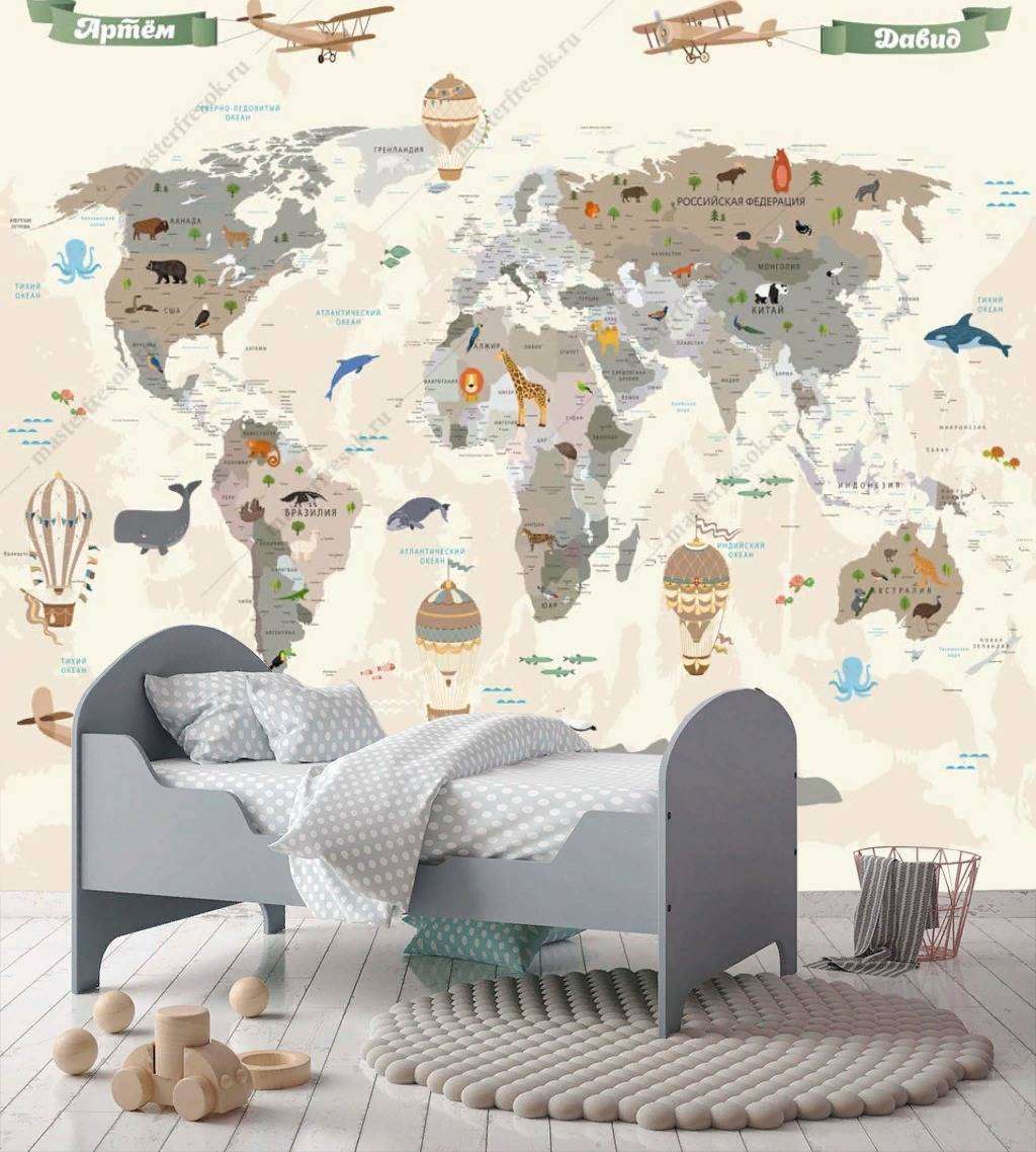 Фотообои в интерьере карта с именами  14-177 фото