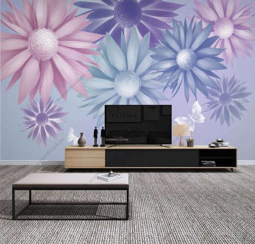 Фотообои в интерьере розовые ромашки  16-122 фото