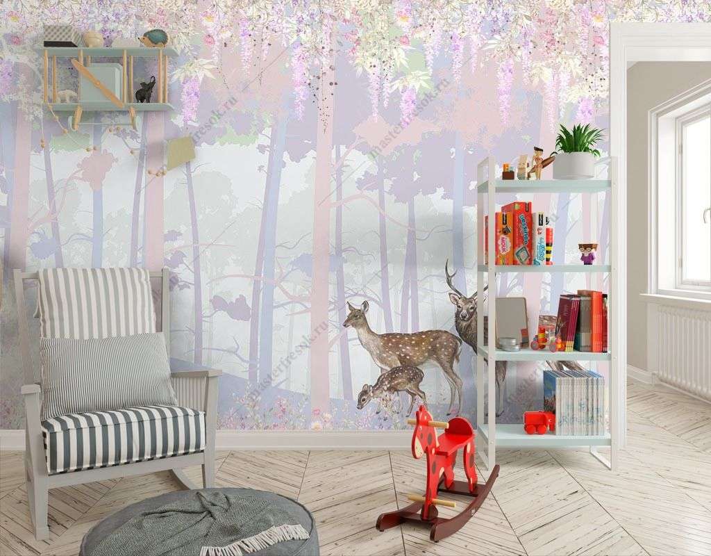 Фотообои в интерьере олени в волшебном лесу  14-416 фото