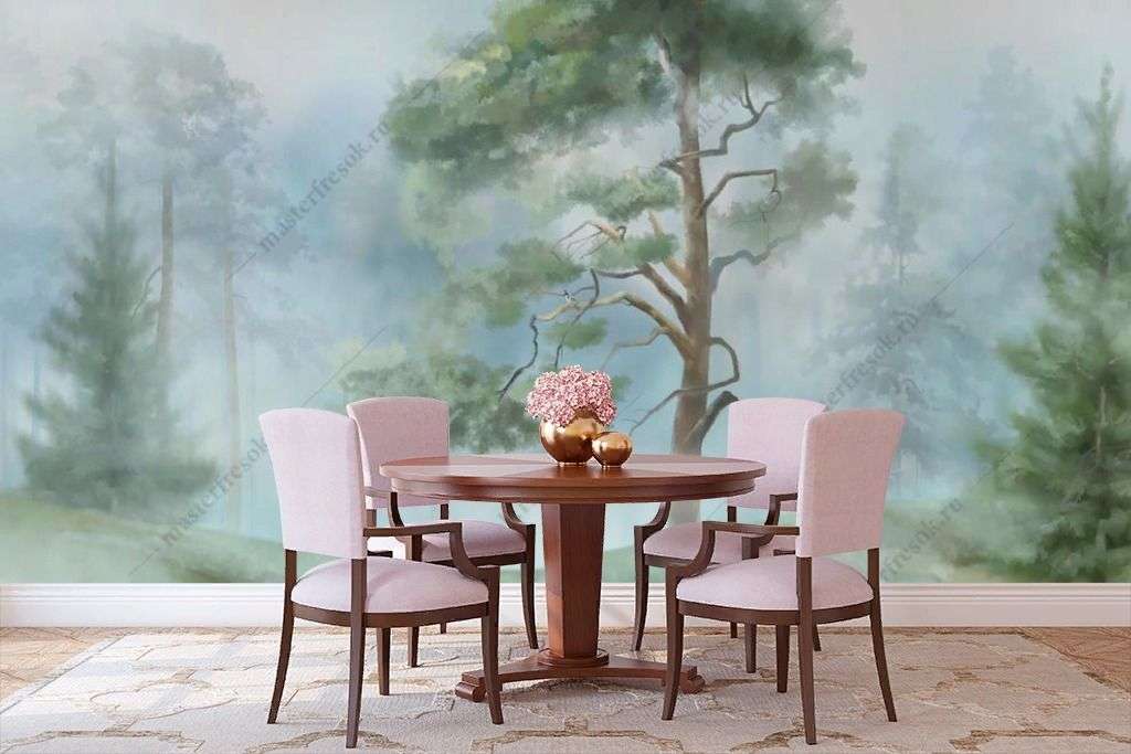 Фотообои в интерьере хвойный лес утром  13-461 фото