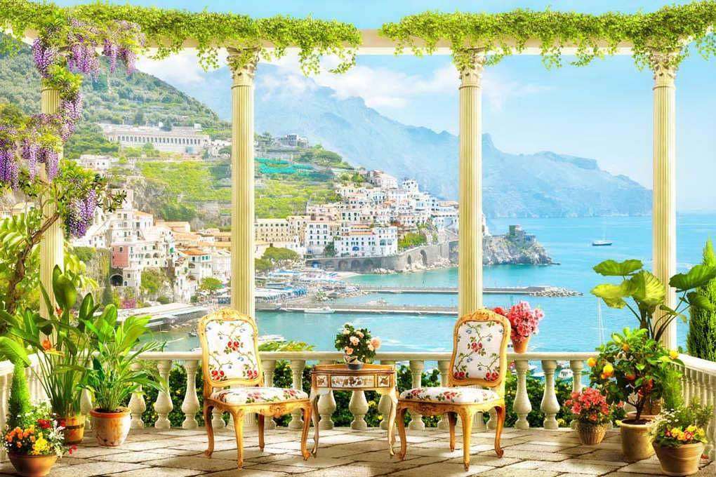 Фотообои в интерьере летняя терраса в видом на город у пристани  17-0116 фото