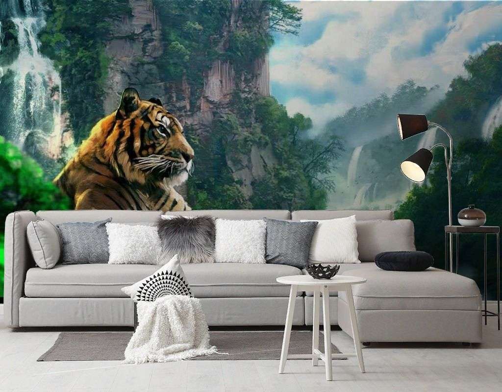 Фотообои в интерьере тигр у водопада  17-4303 фото