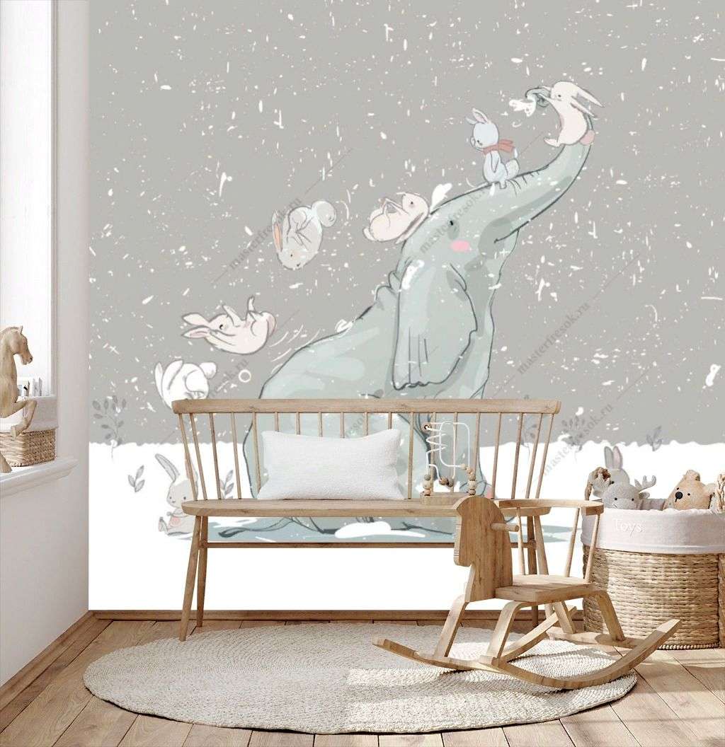 Фотообои в интерьере слоник и зайки  14-215 фото