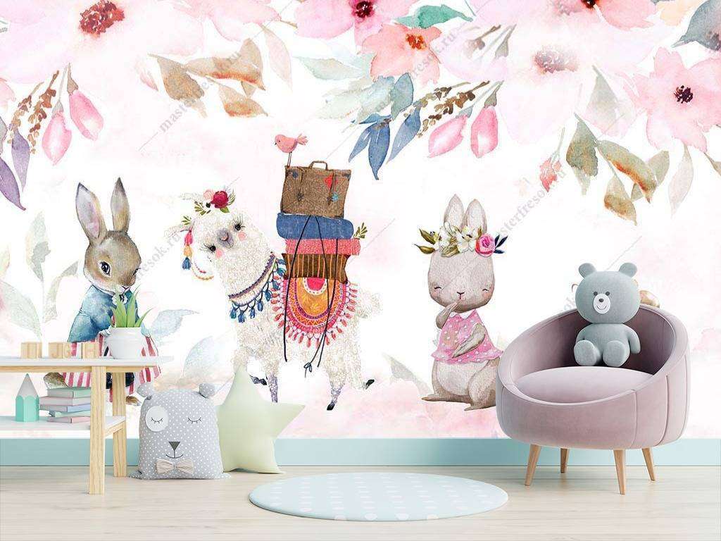 Фотообои в интерьере детская иллюстрация с животными  14-008 фото