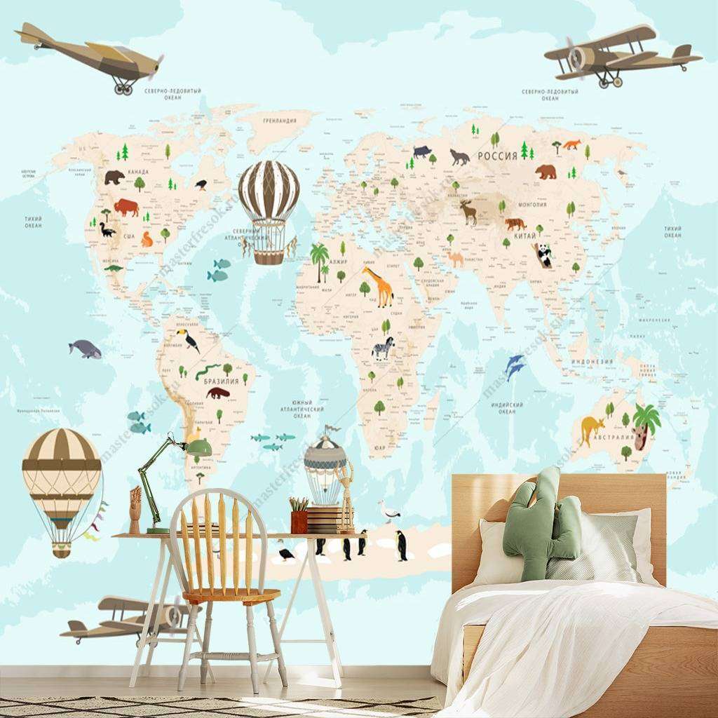 Фотообои в интерьере карта мира русская  12-975 фото