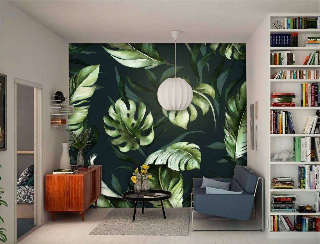 Фотообои в интерьере листья монстеры на черном фоне  9-1211 фото