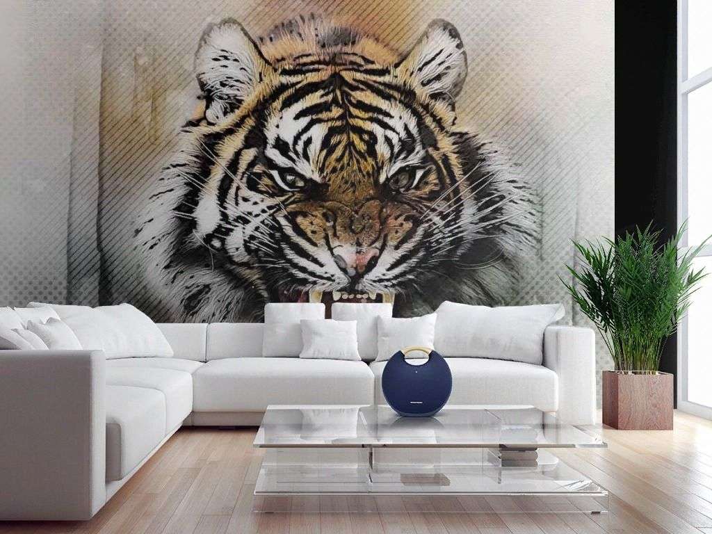 Фотообои в интерьере рычащий тигр  17-4299 фото
