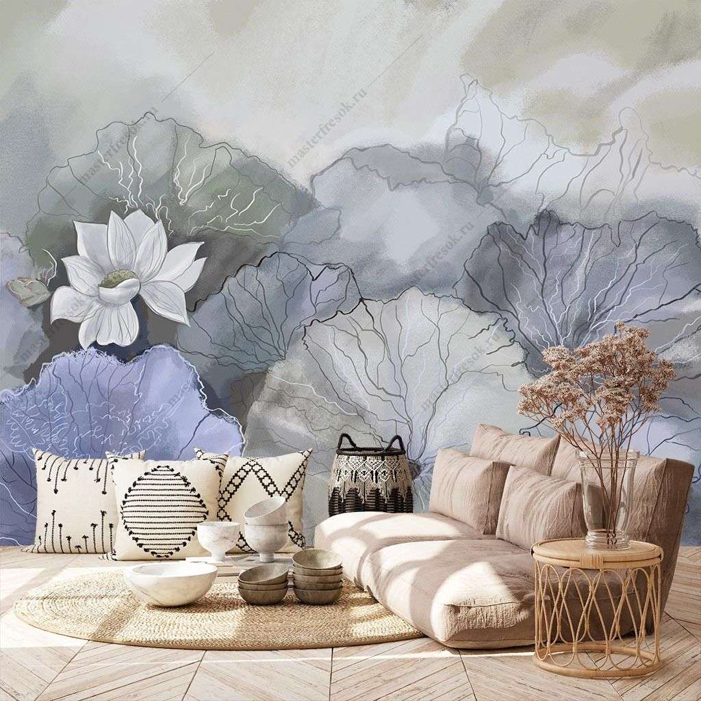 Фотообои в интерьере лотосы серо-бирюзовые  9-1775 фото