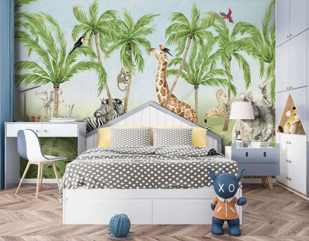 Фотообои в интерьере жирафы и пальмы  12-1498 фото