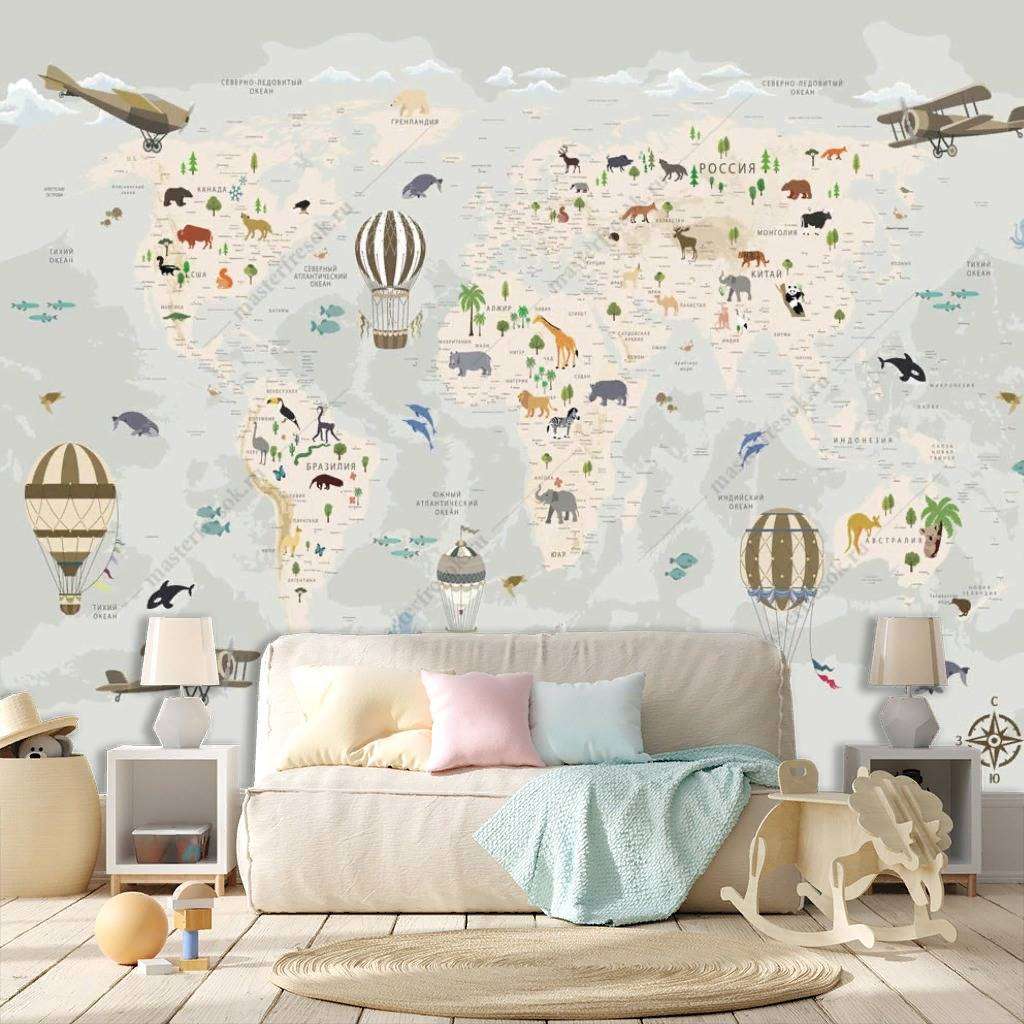 Фотообои в интерьере карта мира с морскими жителями  12-1187 фото