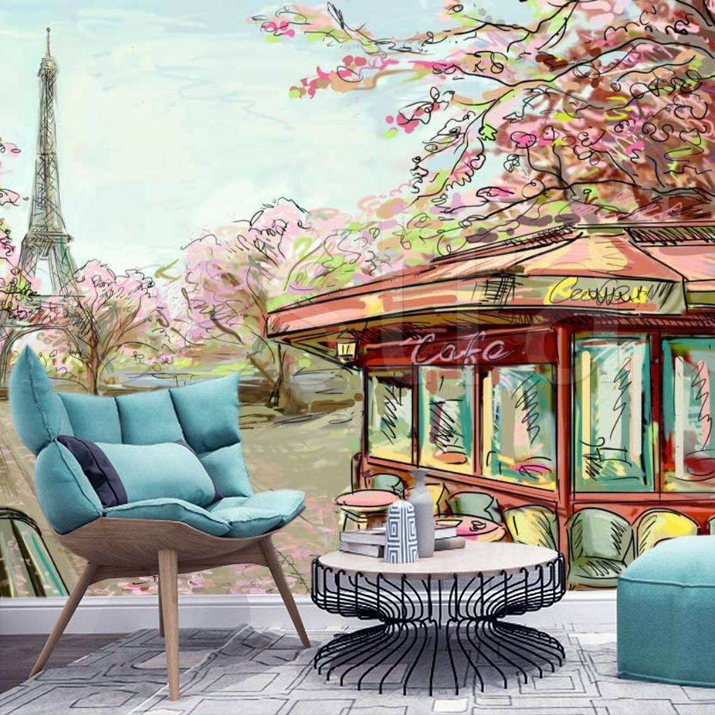 Фотообои Улочка в Париже с видом на эйфелеву башню карандашами  9-774