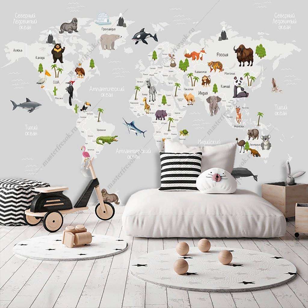 Фотообои в интерьере карта с животными  12-1148 фото