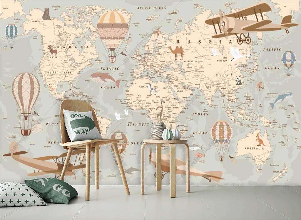 Фотообои в интерьере карта мира на сером фоне  12-1171 фото