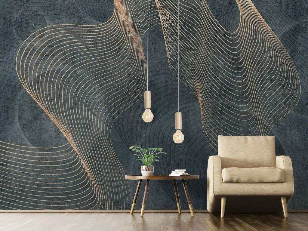 Фотообои в интерьере золотистые линии на фоне индиго  9-1774 фото