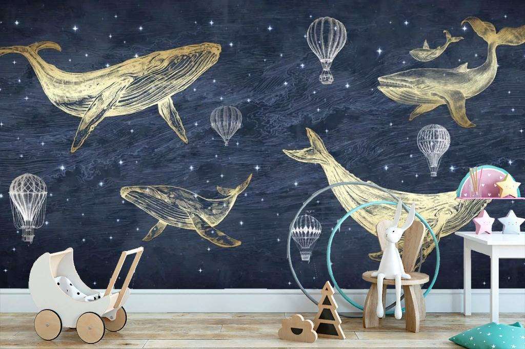 Фотообои в интерьере киты на синем фоне  14-165 фото
