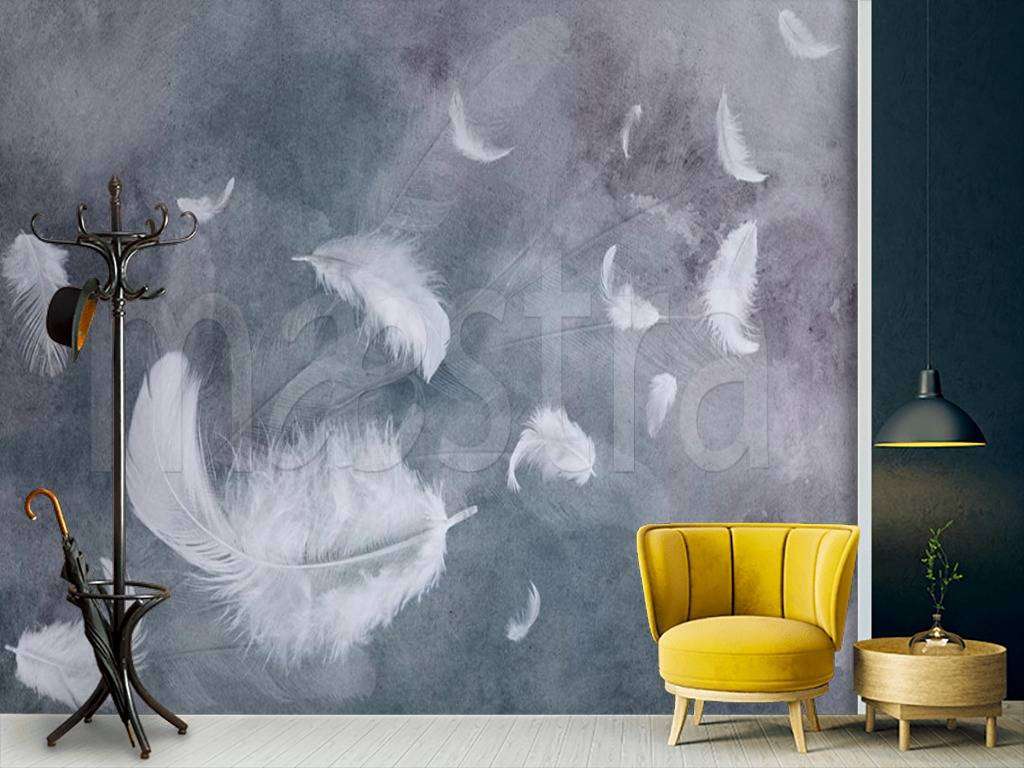 Фотообои в интерьере белые перья и дым  15-510 фото