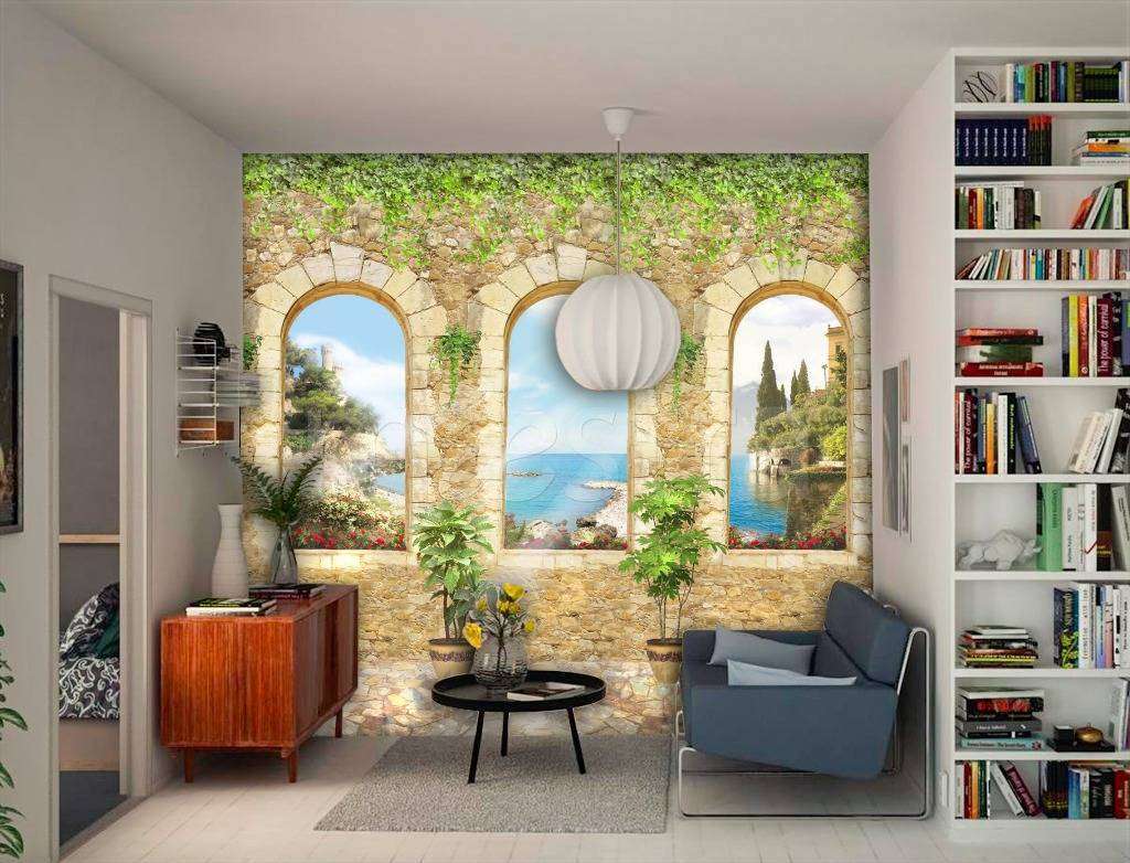 Фотообои в интерьере вид на залив через окна  2-006 фото