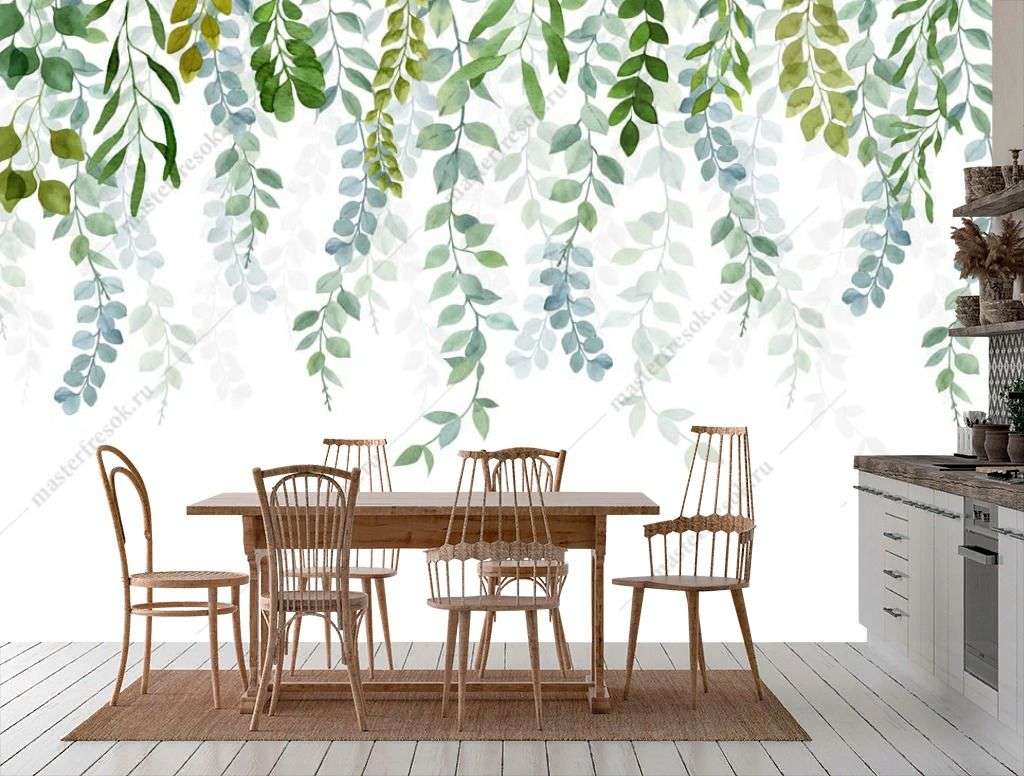 Фотообои в интерьере акварельные нависающие ветки  14-292 фото