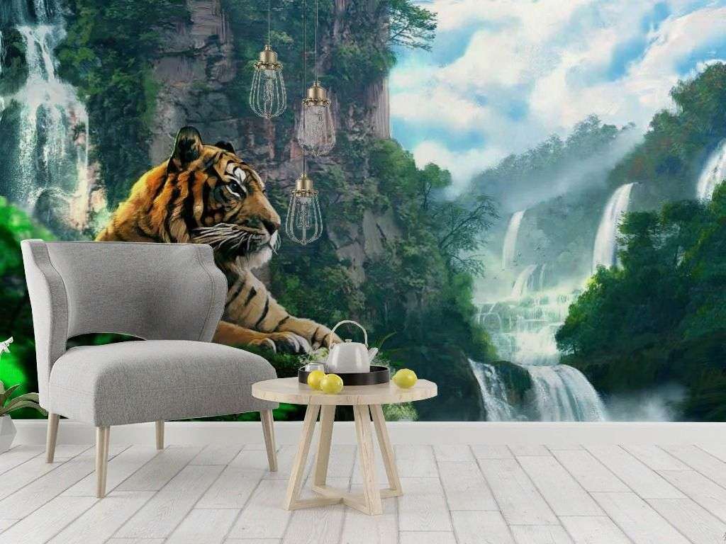 Фотообои в интерьере тигр у водопада  17-4303 фото