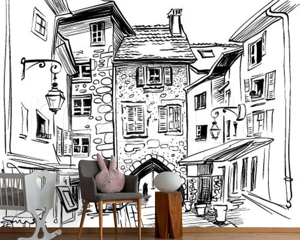 Фотообои в интерьере домики рисунок графика  12-500 фото