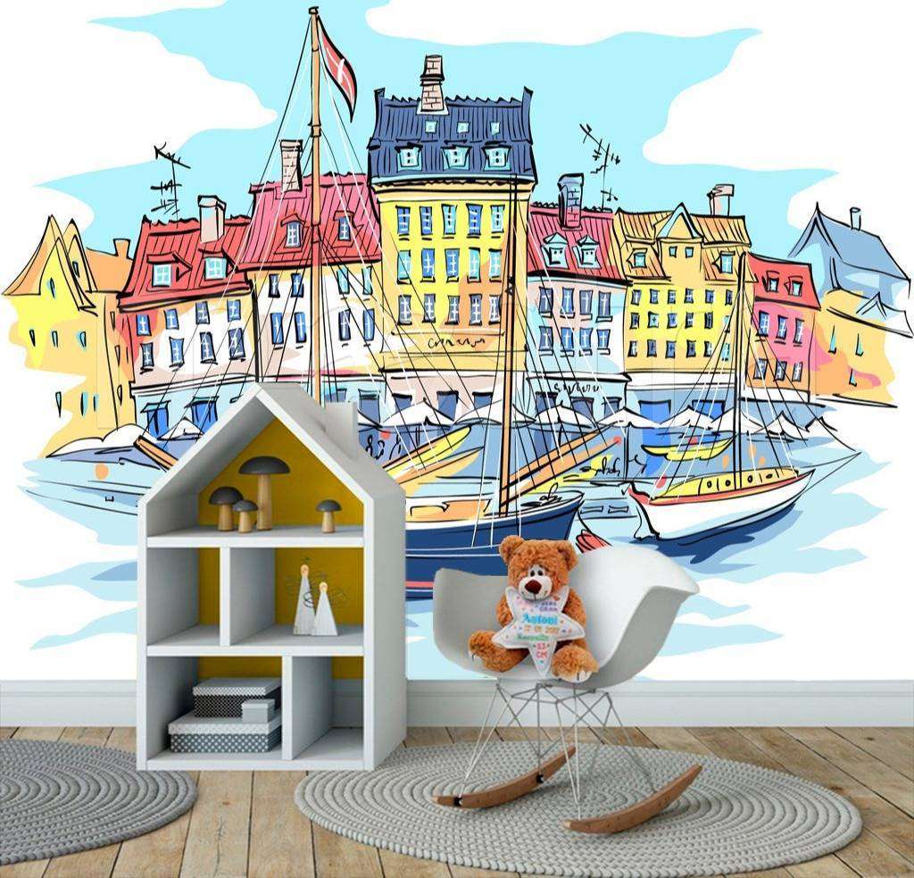 Фотообои в интерьере набережная с домиками графика  12-499 фото