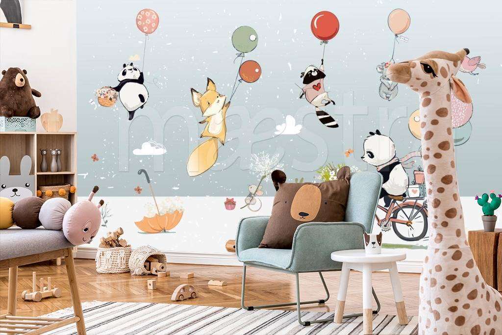 Фотообои в интерьере звери на шарах на сером фоне  12-336 фото