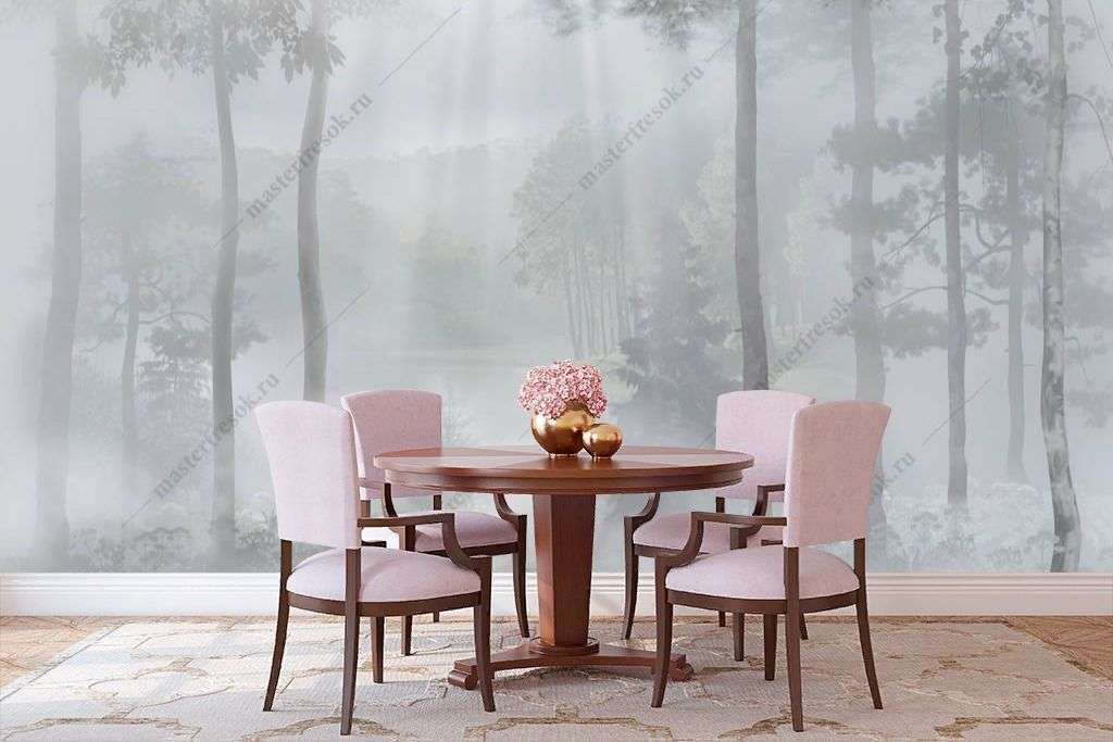 Фотообои в интерьере лес у озера в тумане  13-353 фото