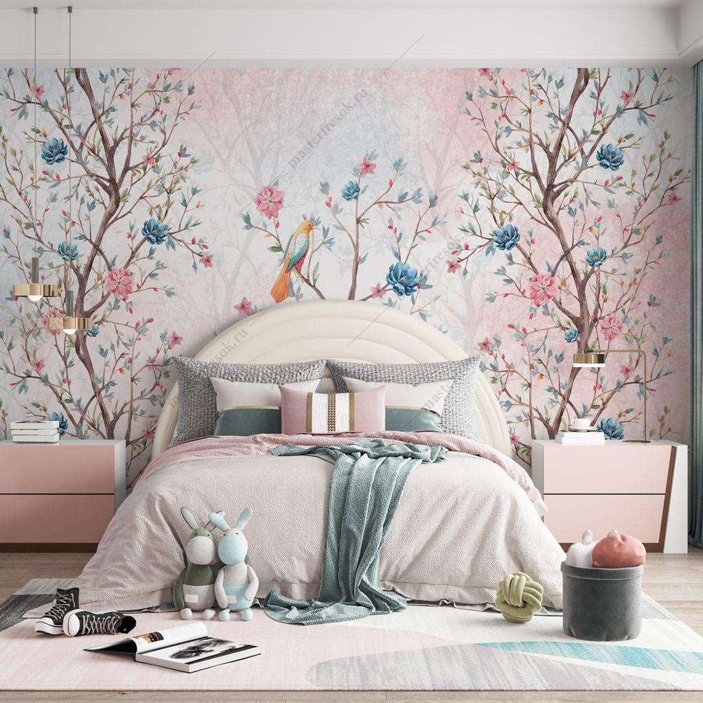 Фотообои в интерьере птицы на цветущем дереве  14-474 фото