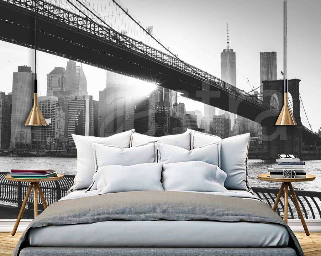 Фотообои в интерьере мост черно белый и лучи солнца в нью йорке  9-822 фото
