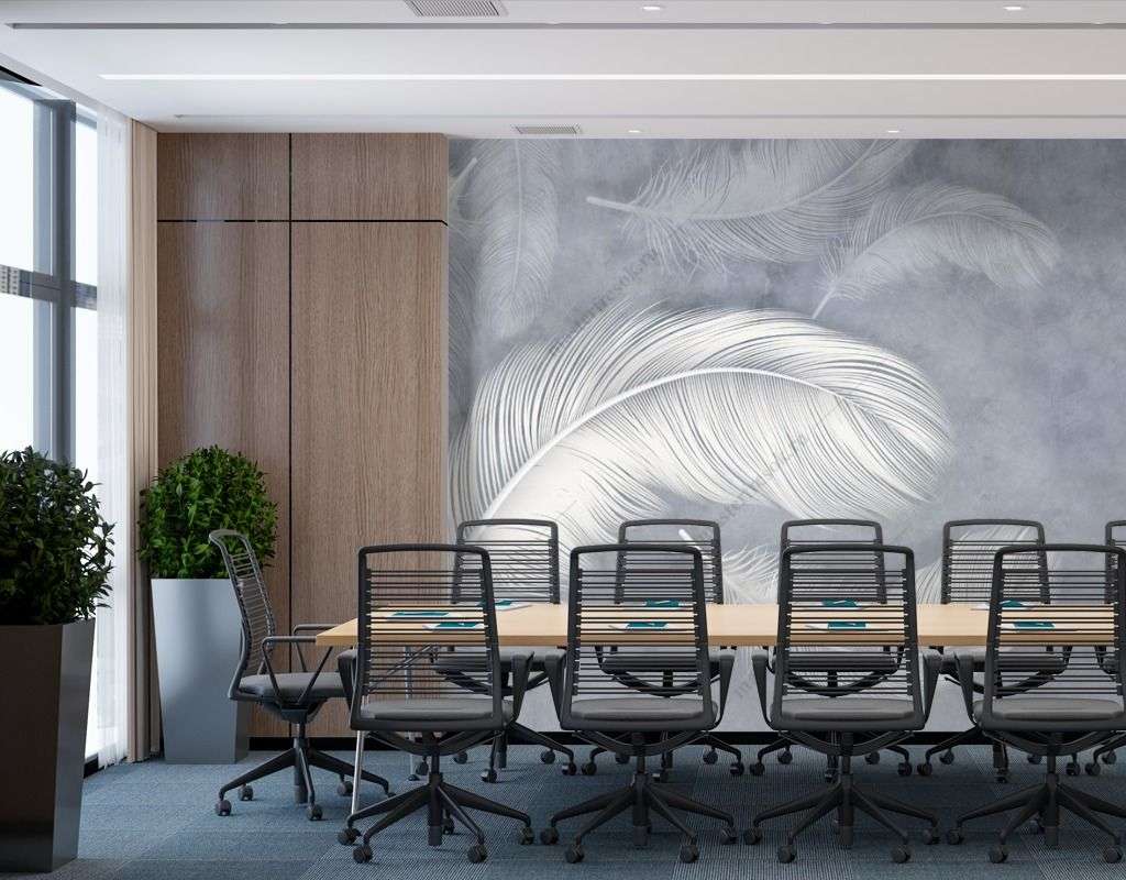 Фотообои в интерьере перышки на сером фоне  14-367 фото