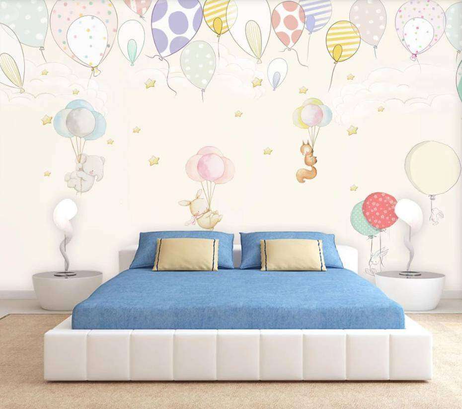 Фотообои в интерьере воздушные шарики и милые животные  15-297 фото