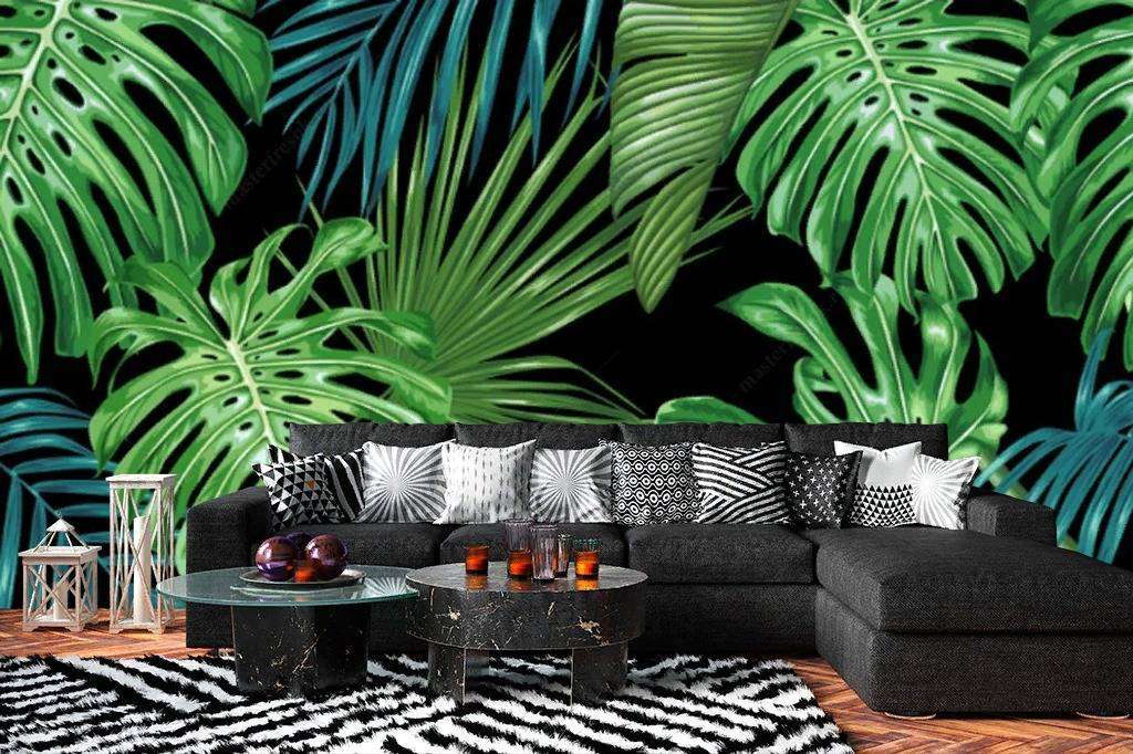 Фотообои в интерьере монстера на черном фоне  15-549 фото