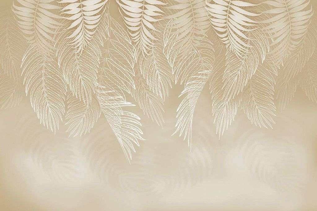 Фотообои в интерьере тонкие листики на бежевом фоне   14-754 фото