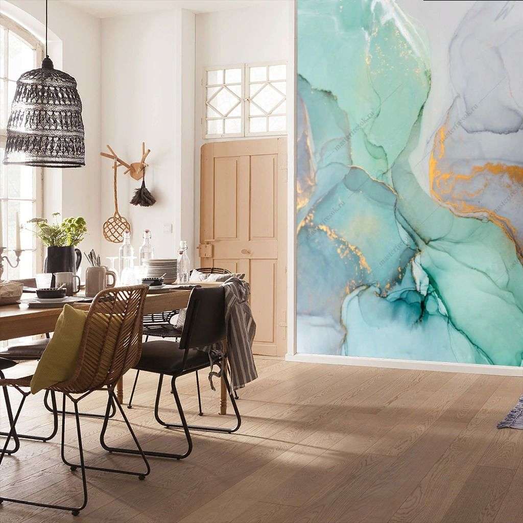 Фотообои в интерьере бирюзовый флюид арт  9-1450 фото