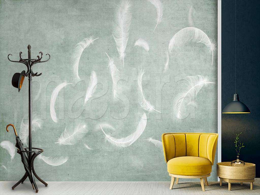 Фотообои в интерьере перья на нежном фоне  15-523 фото
